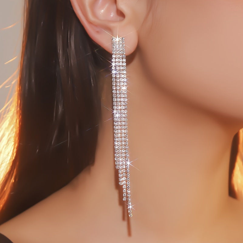 Long Tassel Earrings with Rhinestones Studs